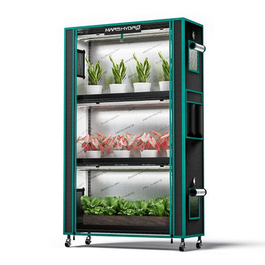 Mars Hydro 4-Tier Plant Stand with 150W LED Grow Lights & Mini Grow Tent Hydroponic gardening system with plants inside a green and black cabinet on a white background