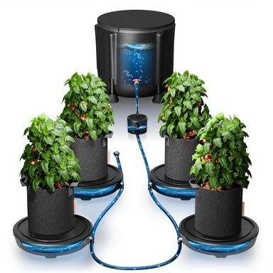 Spider Farmer 4-Pack Gravity-Fed Silent Self-Watering System Kits  Four potted plants connected to a black water tank with blue tubing on a white background