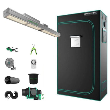 Mars Hydro SP 3000 Grow Tent Kit – 2x4 Tent, 300W LED, 4 Ventilation System with LED light, fan, and other accessories on a white background