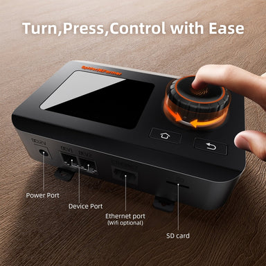 Spider Farmer Smart Hydroponic Grow Tent Kit G8600 800W LED 5’x5’x6.5′ Control device with joystick on a wooden surface, labeled ports and text 'Turn, Press, Control with Ease'.