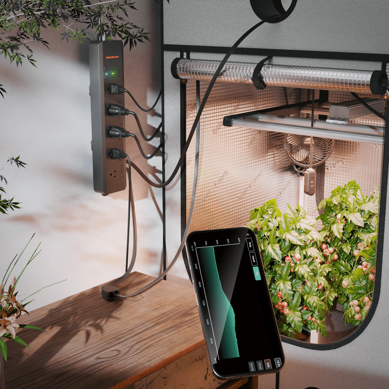 Spider Farmer GGS AC5 Power Strip Smartphone displaying a gardening app next to a grow light and power strip in a indoor setting.