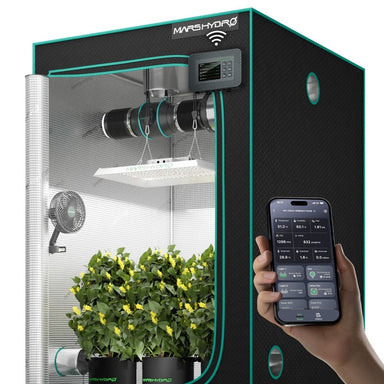 Mars Hydro TSW 2000 Grow Tent Kit  Mars hydro indoor gardening system with plants and a smartphone app on a white background