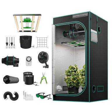 Mars Hydro FC-E3000 LED Grow Light + 3.3x3.3 Grow Tent Kit – Full Spectrum, Indoor Grow System Greenhouse kit with various components including a greenhouse, lights, fans, and tools on a white background.