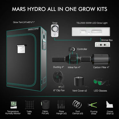 Mars Hydro TSL2000 300W Grow Tent Kit – Full Spectrum LED, 2x4 ft Indoor Grow Setup Mars Hydro all-in-one grow kit with components on a black background
