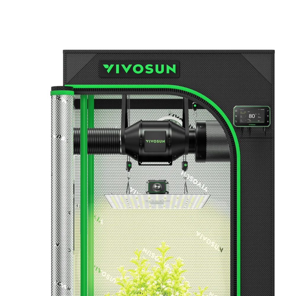 Vivosun 2x2 Smart Grow Tent Kit – 100W LumaLight & GrowHub E42A+ indoor grow light tent with a black frame, green accents, a digital temperature controller, and a visible plant inside, shown on a clean white background.