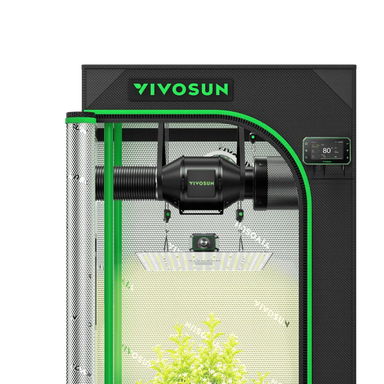 Vivosun 2x2 Smart Grow Tent Kit – 100W LumaLight & GrowHub E42A+ indoor grow light tent with a black frame, green accents, a digital temperature controller, and a visible plant inside, shown on a clean white background.