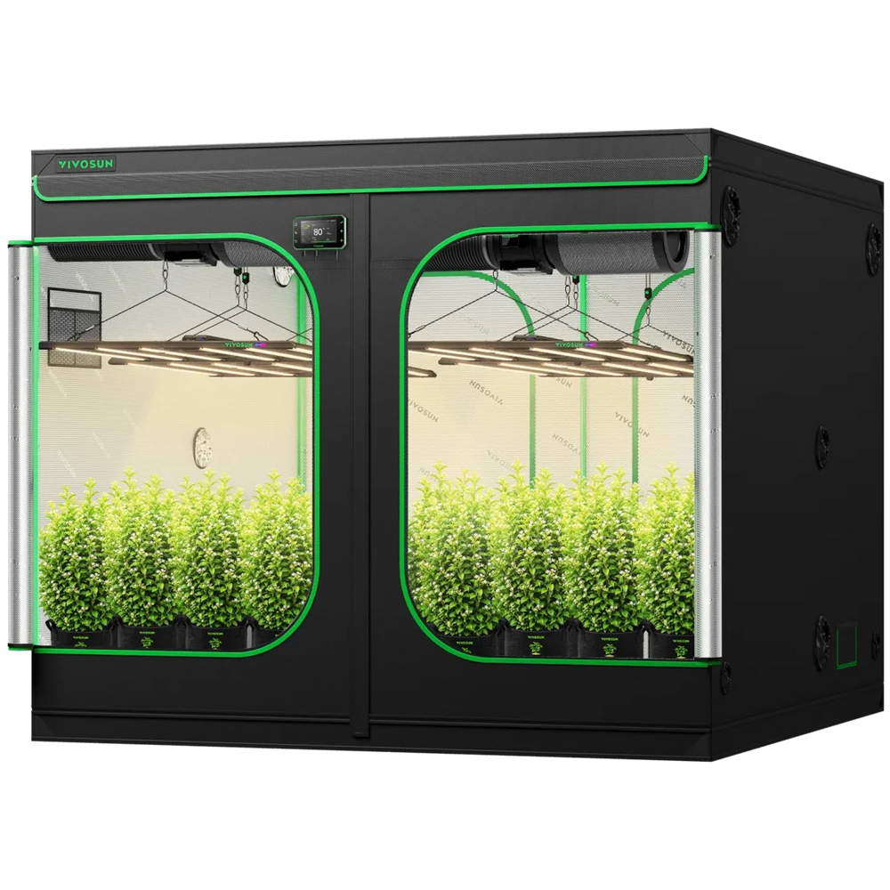 Vivosun 8x8 Smart Grow Tent Kit – 4x 500W LumaLight & GrowHub E42A+ with two open doors, green trim, and visible indoor grow lights and plants inside, shown on a plain white background.