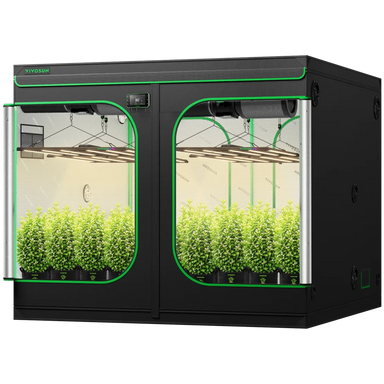 Vivosun 8x8 Smart Grow Tent Kit – 4x 500W LumaLight & GrowHub E42A+ with two open doors, green trim, and visible indoor grow lights and plants inside, shown on a plain white background.