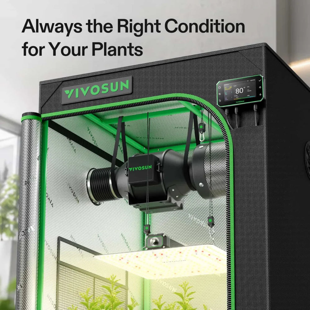 Vivosun 2.3x2.3 Smart Grow Tent Kit – 150W LumaLight & GrowHub E42A+ with a digital temperature controller, a hanging grow light, and a visible growing plant inside, set against a blurred indoor background with promotional text at the top.