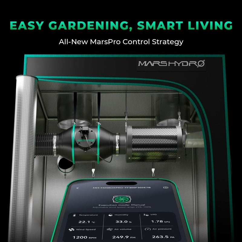 Mars Hydro iFresh 6" Inline Duct Fan & Carbon Filter Combo MARS HYDRO device with smartphone app interface on a black background