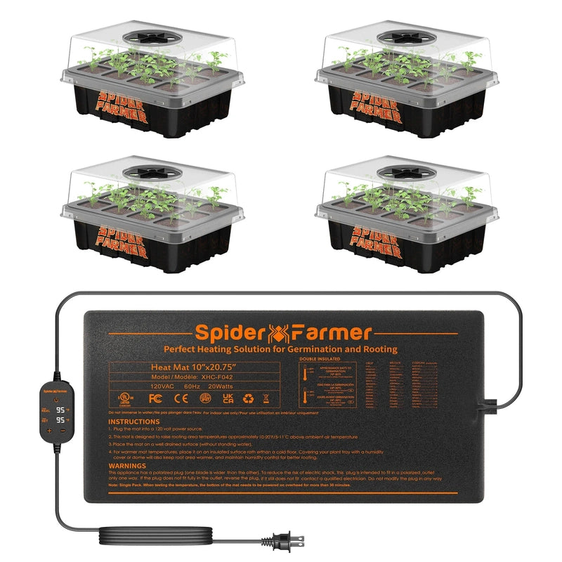 Spider Farmer® Waterproof 10”X20.75” Seedling Heat Mat With 4 Pack Seed Starter Trays for Indoor Gardening