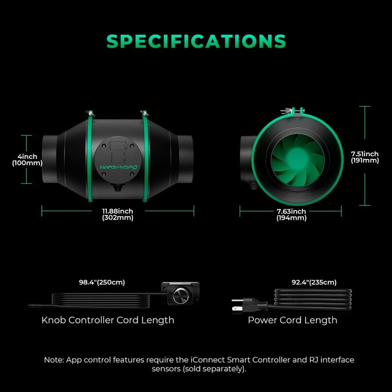 Mars Hydro iFresh 4" Inline Duct Fan Technical specifications of a device with measurements and features on a black background