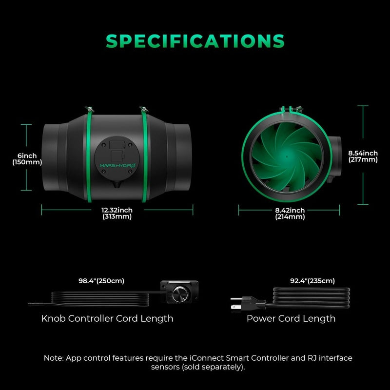 Mars Hydro iFresh 6" Inline Duct Fan Technical specifications of a black and green device with measurements and component details on a black background.