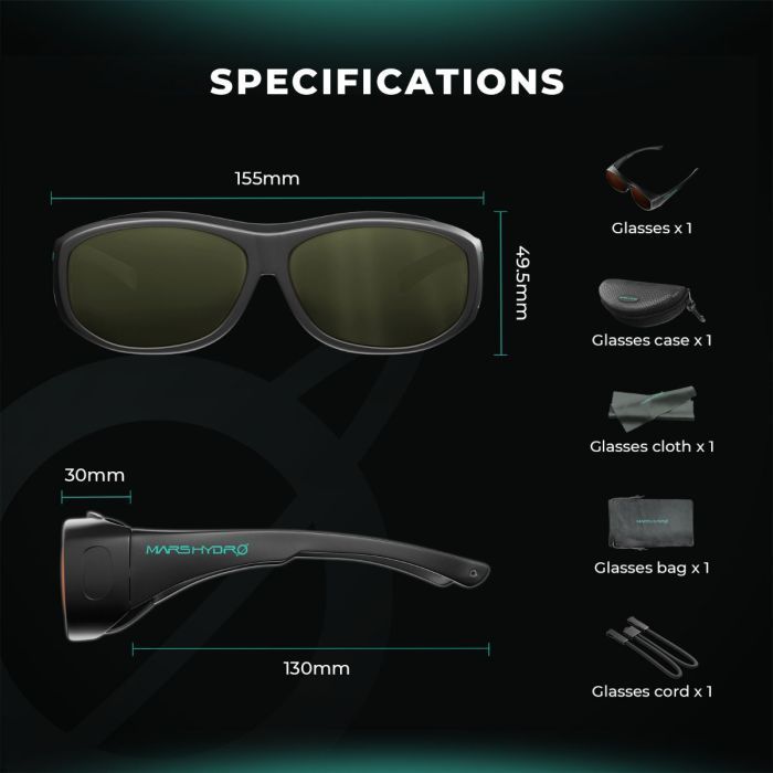 Mars Hydro TSL2000 Grow Tent Kit Sunglasses with dimensions and included accessories on a black background