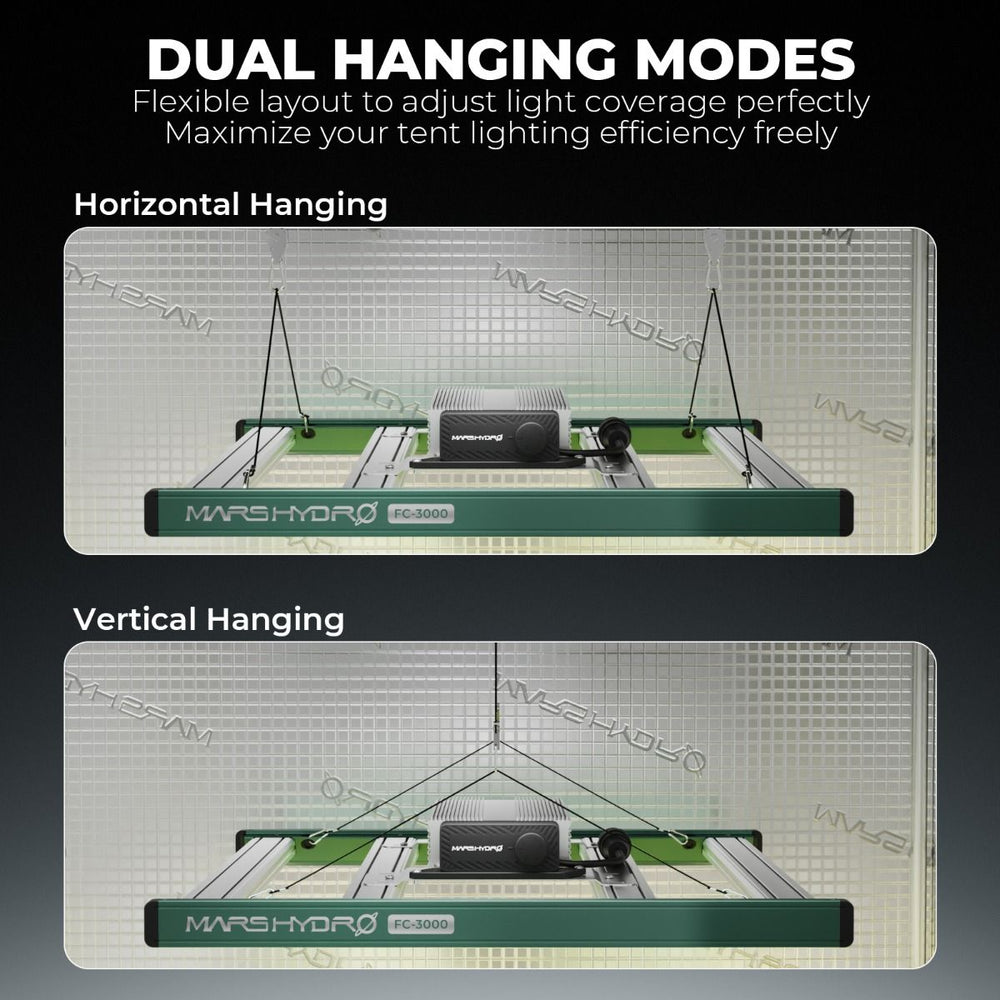 Mars Hydro FC3000 300W 3x3 Pro Smart Grow Tent Kit – iControl Complete System Promotional graphic for a Marsh Hydro 20000 solar tent, showing two hanging modes: Horizontal Hanging and Vertical Hanging. The top text reads 'DUAL HANGING MODES' with a subtitle about adjusting light coverage.