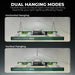 Mars Hydro FC3000 300W 3x3 Pro Smart Grow Tent Kit – iControl Complete System Promotional graphic for a Marsh Hydro 20000 solar tent, showing two hanging modes: Horizontal Hanging and Vertical Hanging. The top text reads 'DUAL HANGING MODES' with a subtitle about adjusting light coverage.
