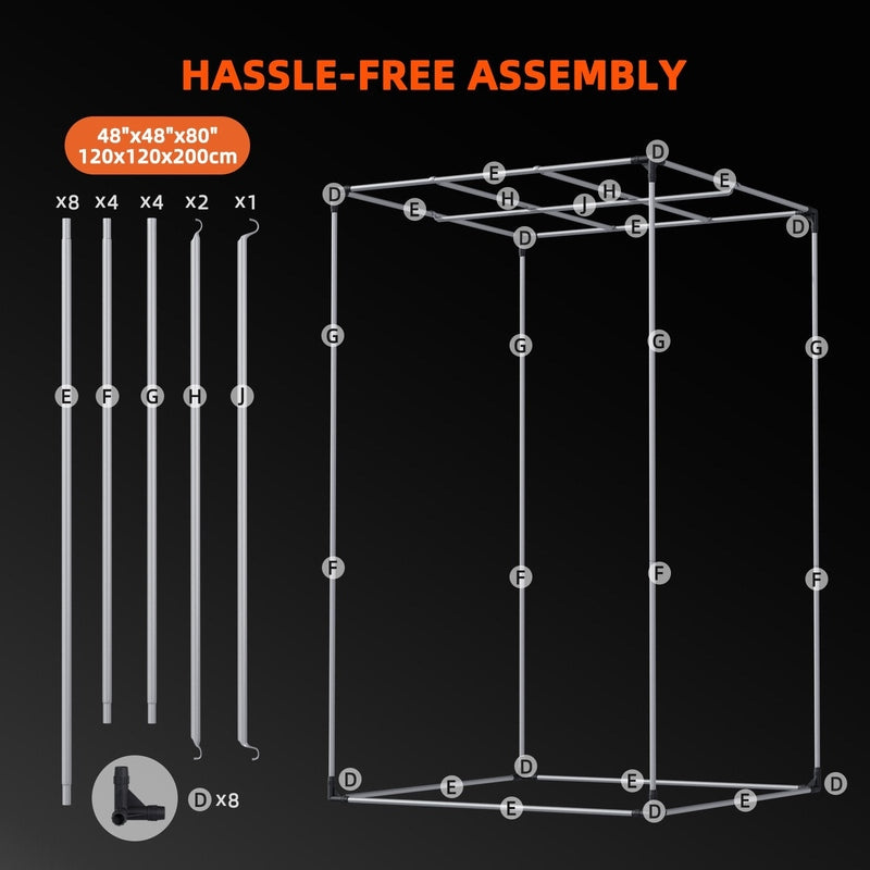 Spider Farmer® 4’x4’x6.5′ Grow Tent Diagram of a structure with assembly instructions and component list on a black background