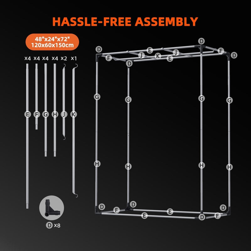 Spider Farmer 4’x2’x5’ Indoor Grow Tent Diagram of a tent assembly process with labeled parts on a black background.