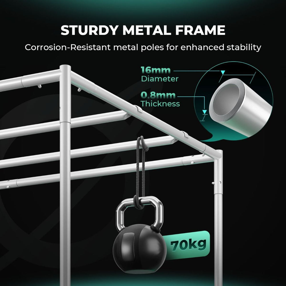 Mars Hydro TSW2000 300W 4x4 Smart Grow Tent Kit with iControl Tent Poles with kettlebell and text highlighting sturdiness and material details