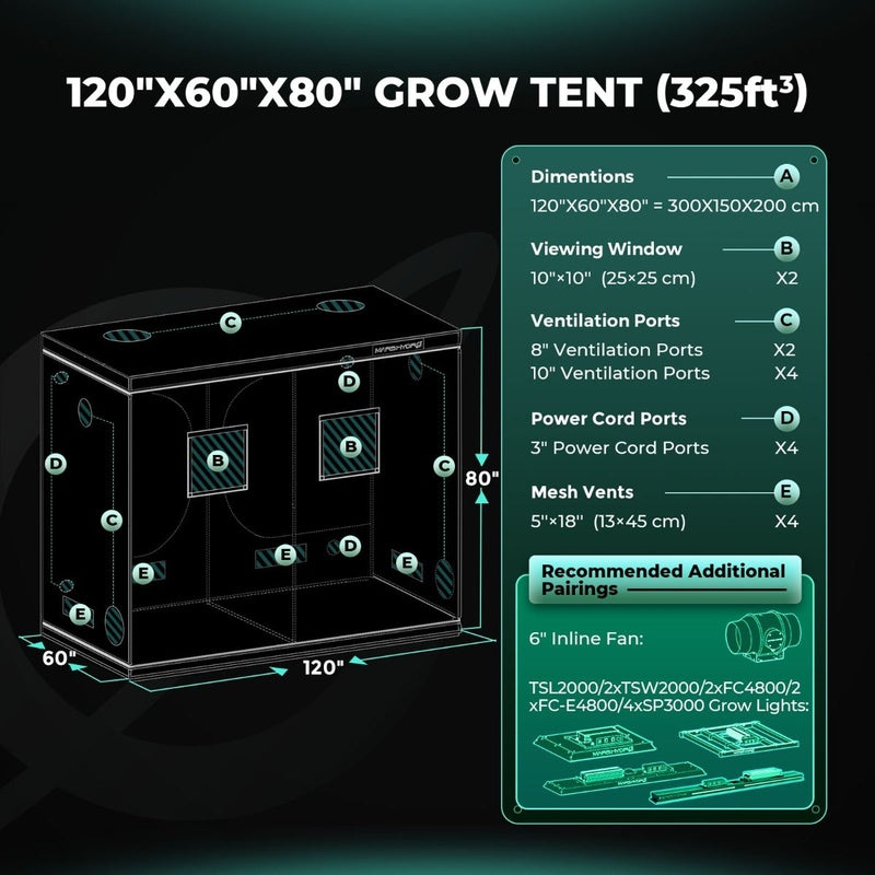 Mars Hydro 10'x5' Grow Tent – 120"x60"x80" Hydroponic Indoor Tent for 14–24 Plants
