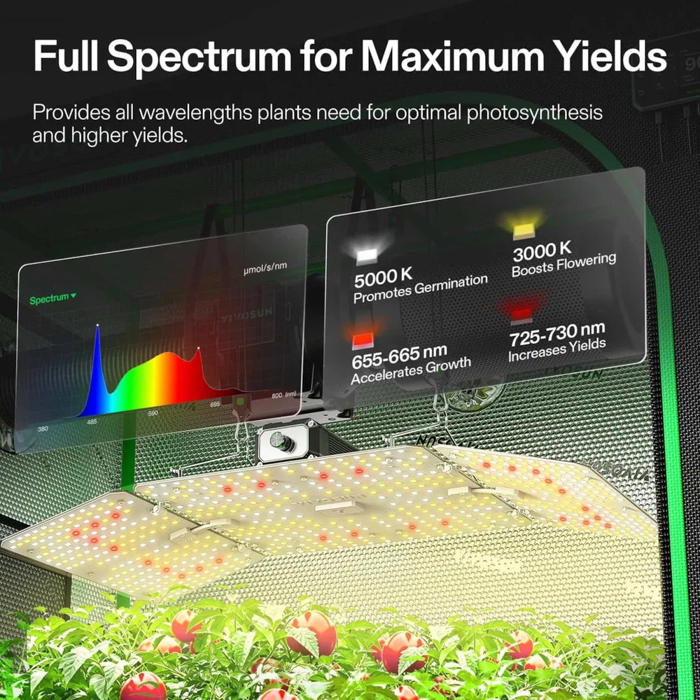 Vivosun 4x2 Smart Grow Tent Kit – 200W LumaLight & GrowHub E42A+ with two transparent display screens showing spectrum graphs and plant growth metrics, positioned above a greenhouse bed of tomato plants under white LED panels.