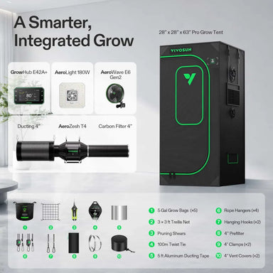 Vivosun 2.3x2.3 Smart Grow Tent Kit Pro components with AeroLight Gen2 180W, GrowHub E42A+, AeroWave E6 and AeroZesh T4