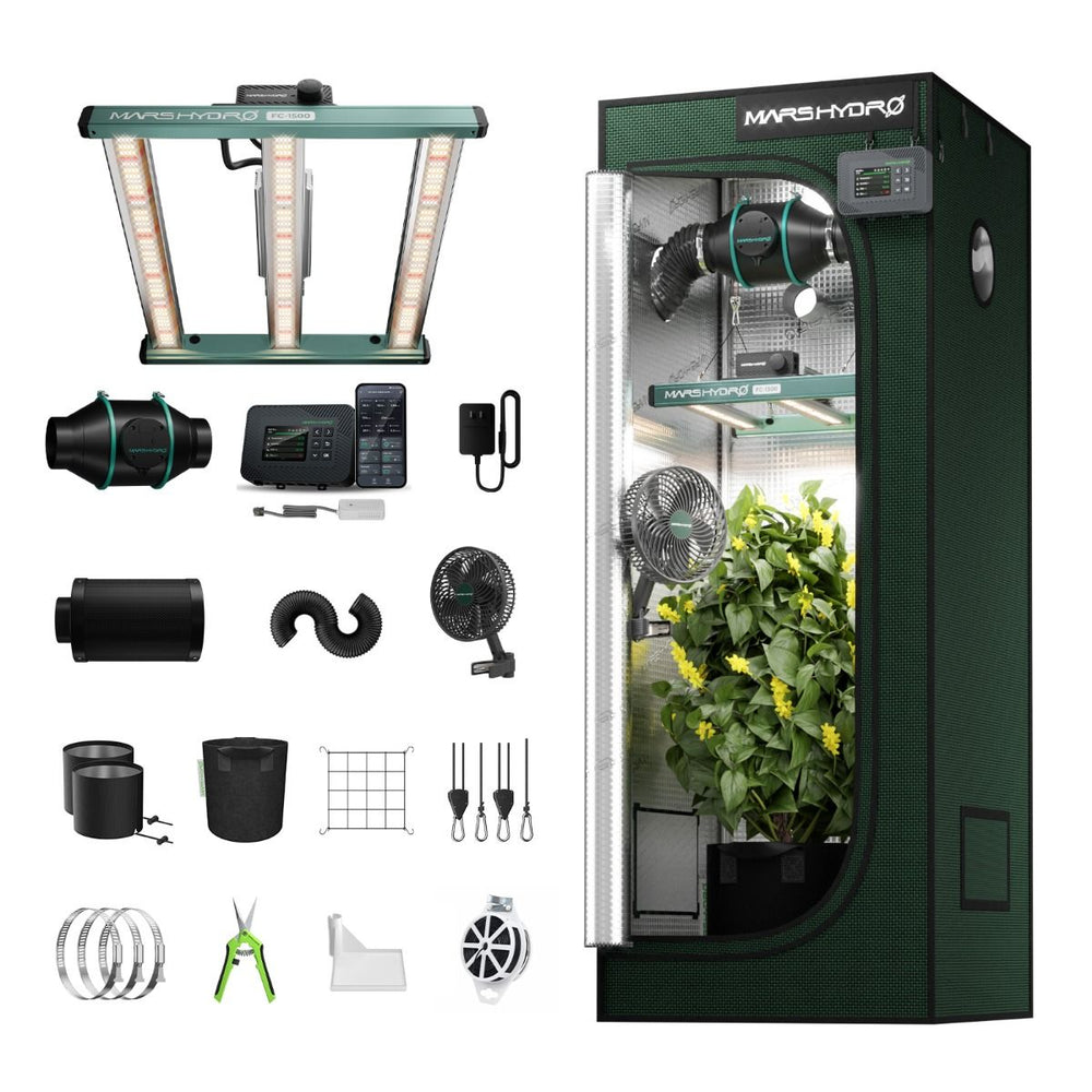 Mars Hydro FC1500 150W LED 2' x 2' Smart Complete Grow Tent Kit with accessories shown on white background 