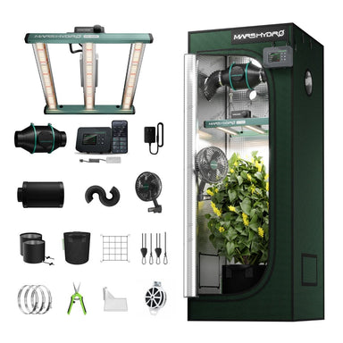 Mars Hydro FC1500 150W LED 2' x 2' Smart Complete Grow Tent Kit with accessories shown on white background 