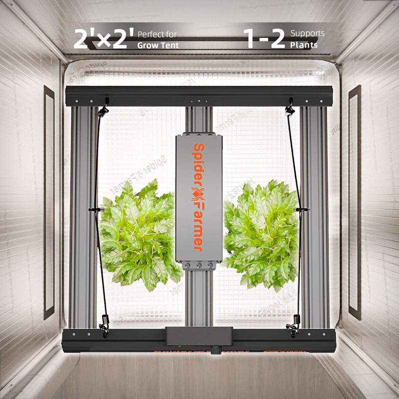 Spider Farmer Smart Grow Tent Kit 2.3′x2.3′x5.3′ with G1500 450-W LED Spider Farmer indoor gardening system with plants inside a grow tent.