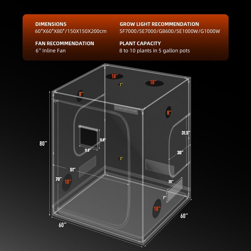 Spider Farmer Smart Grow Tent Kit SE7000 LED Lighting 5’x5’x6.5′ Clear grow tent with dimensions and recommendations on a black background