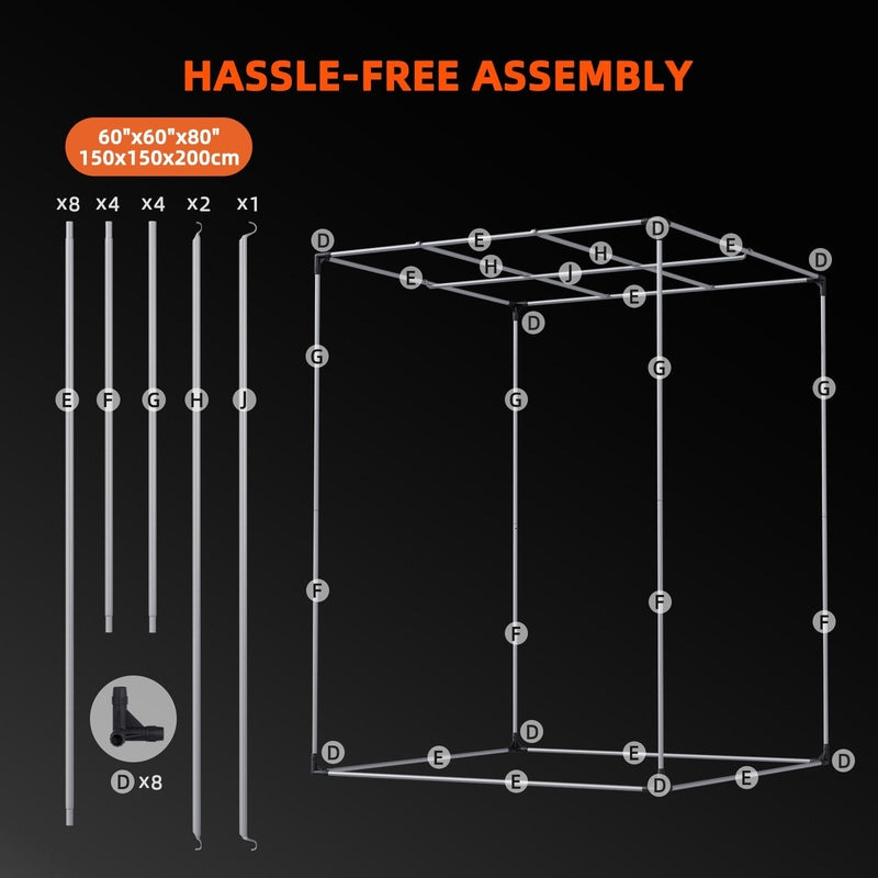 Spider Farmer® 5’x5’x6.5′ Grow Tent Diagram of a structure with assembly instructions and component list on a black background