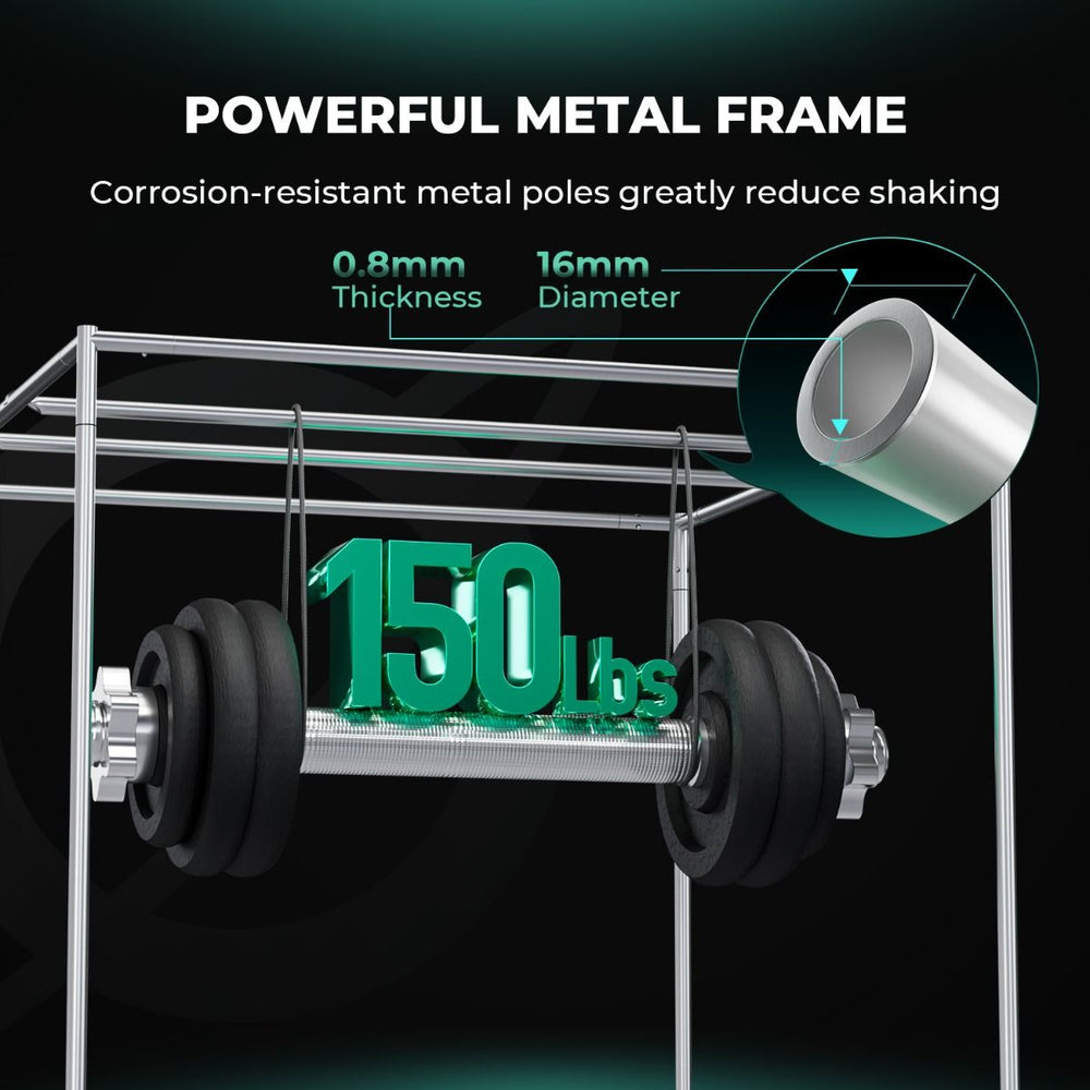 Mars Hydro FC6500 730W 5x5 Complete Grow Tent Kit Diagram of a metal frame with corrosion-resistant metal poles and a 120 lbs weight, on a black background.