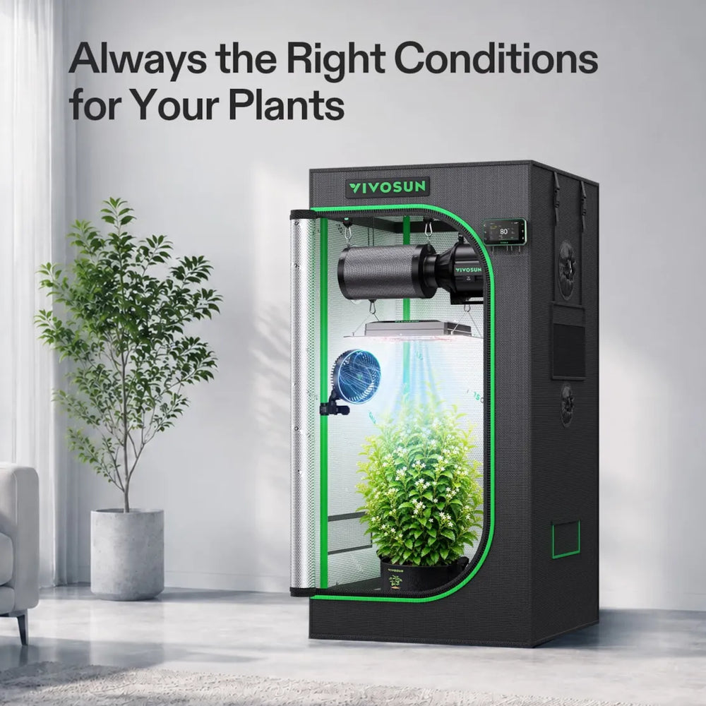 Vivosun 2x2 Smart Grow Tent Kit Pro – AeroLight Gen2 120W & GrowHub E42A+  in nice white living room with text stating "Always the Right Conditions for your plants" 