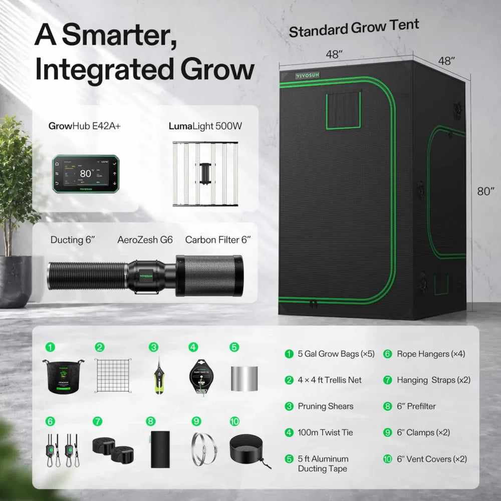 Vivosun 4x4 Smart Grow Tent Kit – 500W LumaLight & GrowHub E42A+ package graphic showing a black grow tent with green trim, included accessories, and dimension labels. The image includes a grow light, controller, ducting, filter, rope hangers, pruning shears, twist tie, clamps, and vent covers, with text reading 'A Smarter, Integrated Grow' and 'Standard Grow Tent 48" x 48" x 80"'.