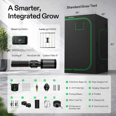 Vivosun 4x4 Smart Grow Tent Kit – 500W LumaLight & GrowHub E42A+ package graphic showing a black grow tent with green trim, included accessories, and dimension labels. The image includes a grow light, controller, ducting, filter, rope hangers, pruning shears, twist tie, clamps, and vent covers, with text reading 'A Smarter, Integrated Grow' and 'Standard Grow Tent 48" x 48" x 80"'.