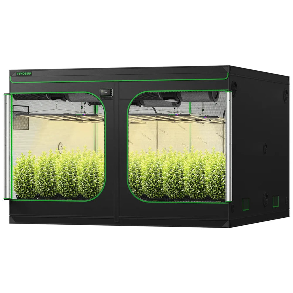 Vivosun 10x10 Smart Grow Tent Kit – 4x 750W LumaLight & GrowHub E42A+t with two doors open, shown with plants against a white background. The green outline highlights the inner LED light bars and the green glow they produce, with bright green plants visible inside.