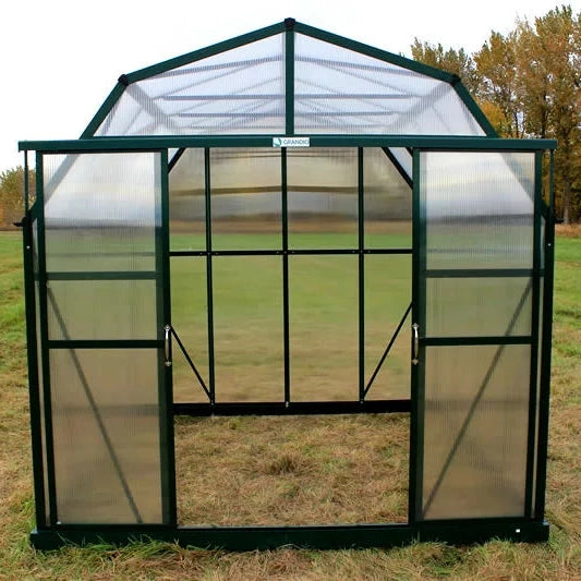 Grandio Elite Greenhouse front facing with door open in field 