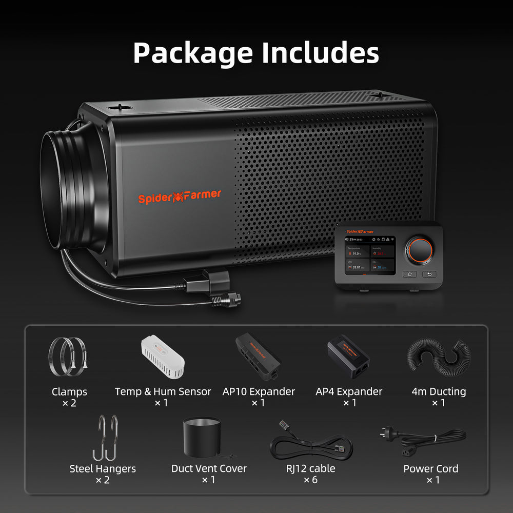 Spider Farmer® 3×3 Grow Tent Kit – SE3000 LED & New 2-in-1 Smart Ventilation System package includes for fan filter 