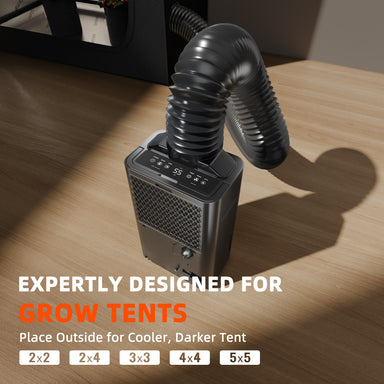 Spider Farmer 32-Pint Dehumidifier – Smart Humidity Control for Grow Tents Black grow tent cooling system with hose on a wooden surface, featuring text about its design for grow tents.
