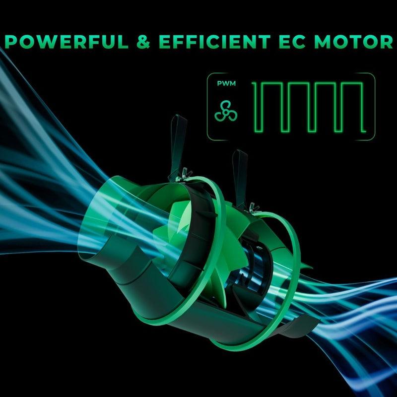 Mars Hydro iFresh 6" Inline Duct Fan EC motor with glowing effects and text 'Powerful & Efficient EC Motor' on a dark background