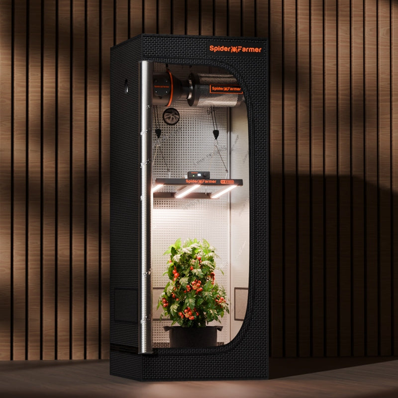 Spider Farmer G1500 – 150W WiFi & Bluetooth Full Spectrum LED Grow Light Gardening device with plants inside, branded 'Spider Farmer', against a wooden background