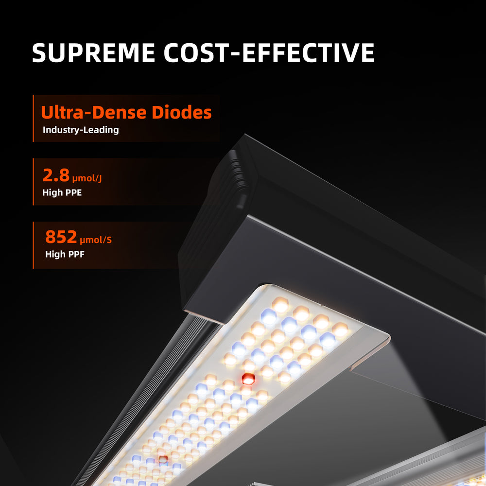 Spider Farmer G3000 300W Smart LED Grow Light – App-Controlled Full-Spectrum Lighting for 3x3 Grow Tents LED light panel with technical specifications on a black background