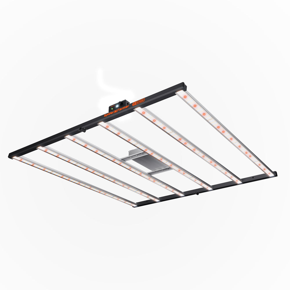 Spider Farmer G7000 730W Smart LED Grow Light – High-Yield 5x5 Coverage Ceiling-mounted LED grow light with black frame and white panels on a white background