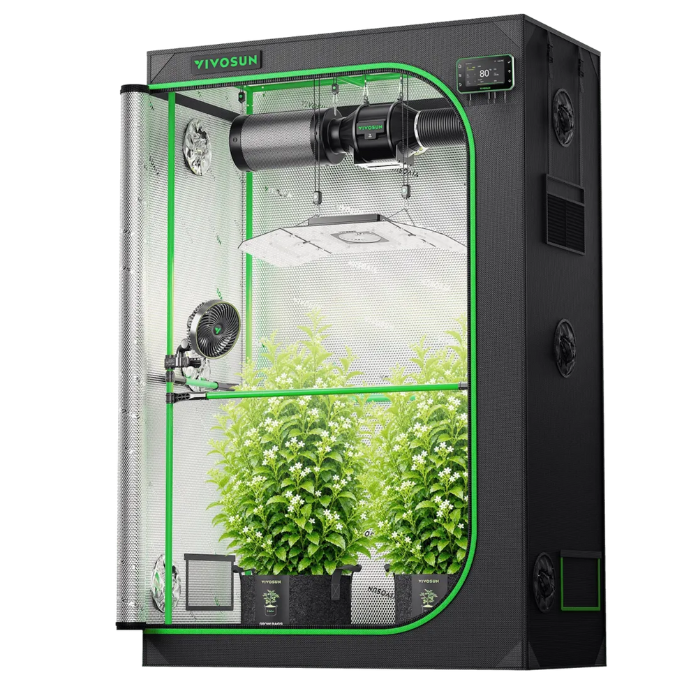 Vivosun 4x2 Smart Grow Tent Kit Pro with two plants under AeroLight Gen2 240W, AeroZesh T4 ventilation, AeroWave E6 airflow and GrowHub E42A+ control