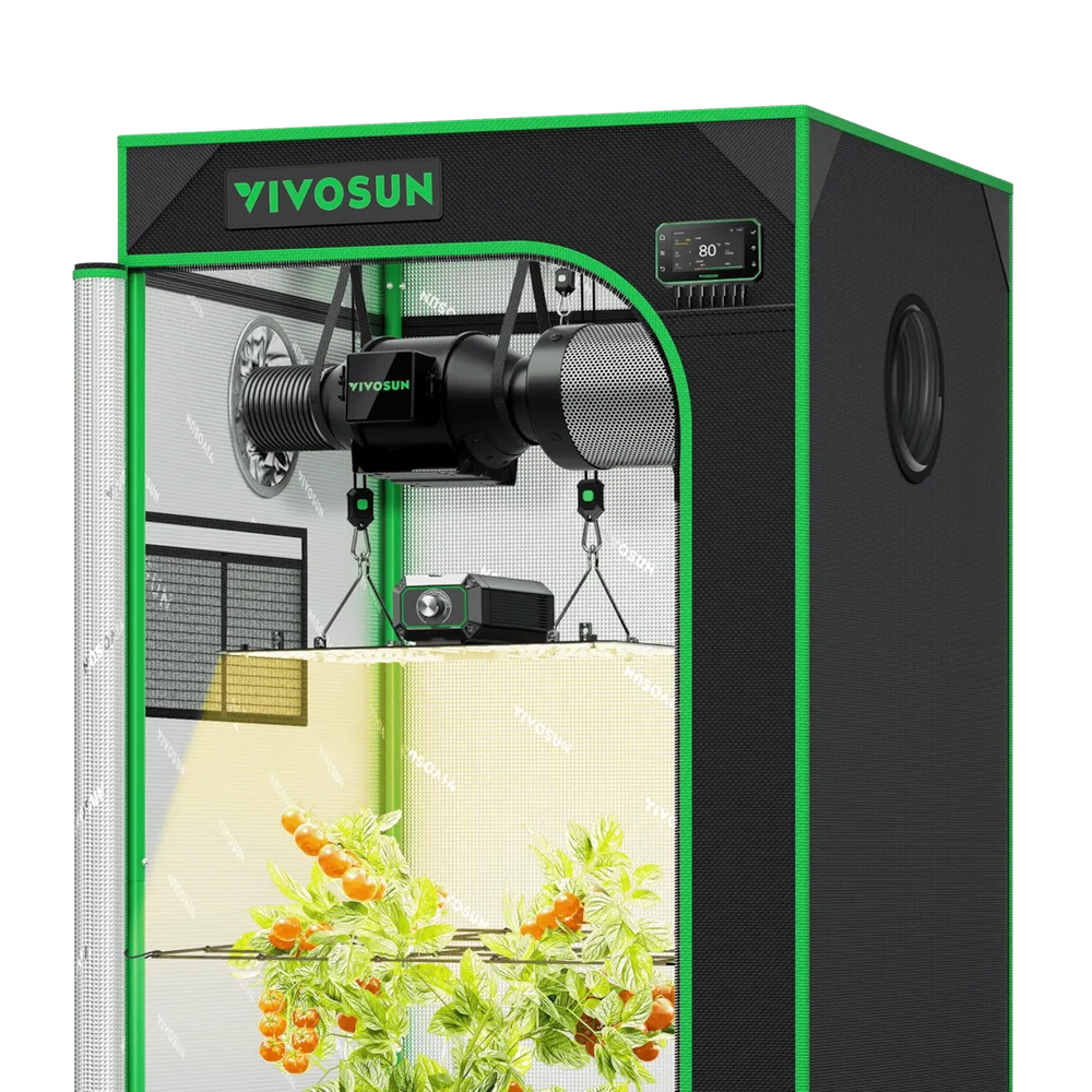 Vivosun 2x2 Smart Grow Tent Kit – 100W LumaLight & GrowHub E42A+ with a black exterior, bright green trim, and a clear front door showing a plant growing inside. The tent features a digital temperature and humidity control panel on the top right.