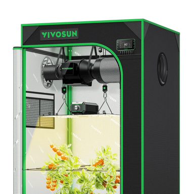 Vivosun 2x2 Smart Grow Tent Kit – 100W LumaLight & GrowHub E42A+ with a black exterior, bright green trim, and a clear front door showing a plant growing inside. The tent features a digital temperature and humidity control panel on the top right.
