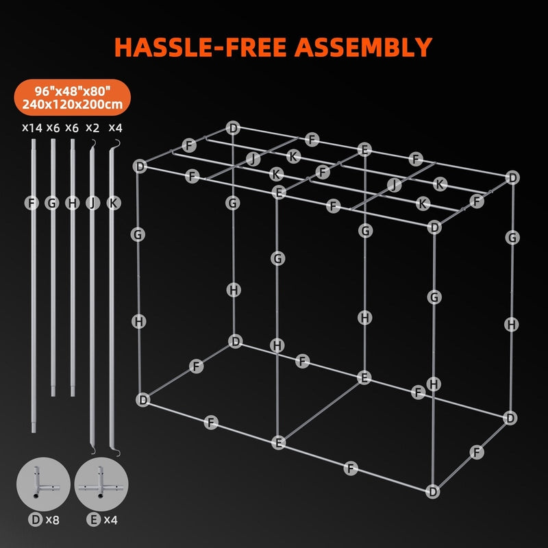 Spider Farmer® 8’x4’x6.5′ Grow Tent Diagram of a cube structure with assembly instructions on a black background