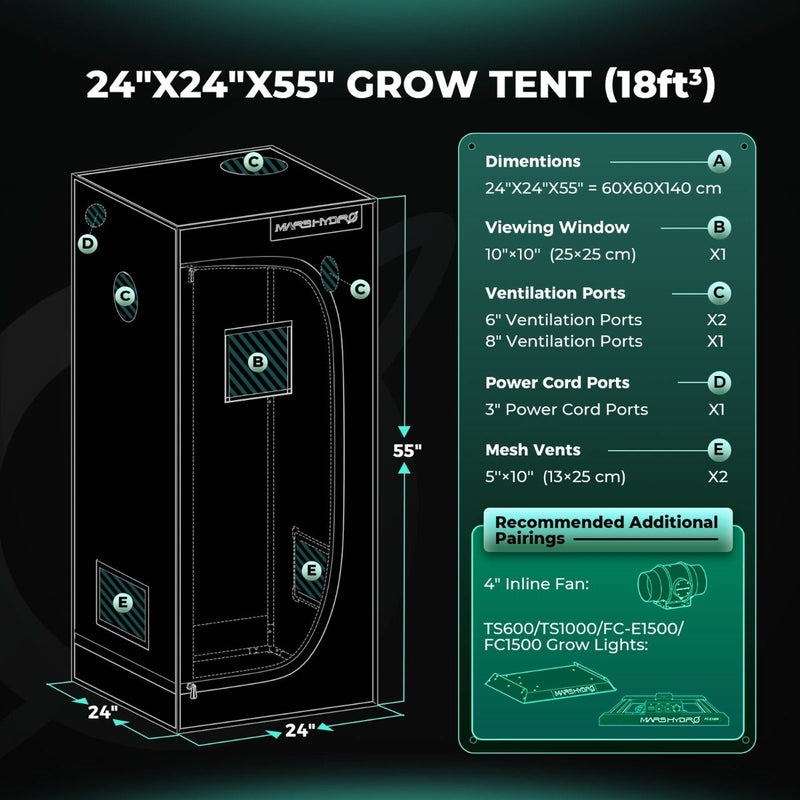 Mars Hydro 2x2 Grow Tent – 24"x24"x55" Hydroponic Indoor Tent for Seedlings & Propagation