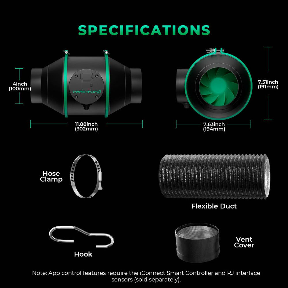 Mars Hydro TS1000 2.6' × 2.6' Complete Grow Tent Kit – Efficient All-in-One Indoor Growing System Technical specifications of a ventilation system with measurements and components on a black background.