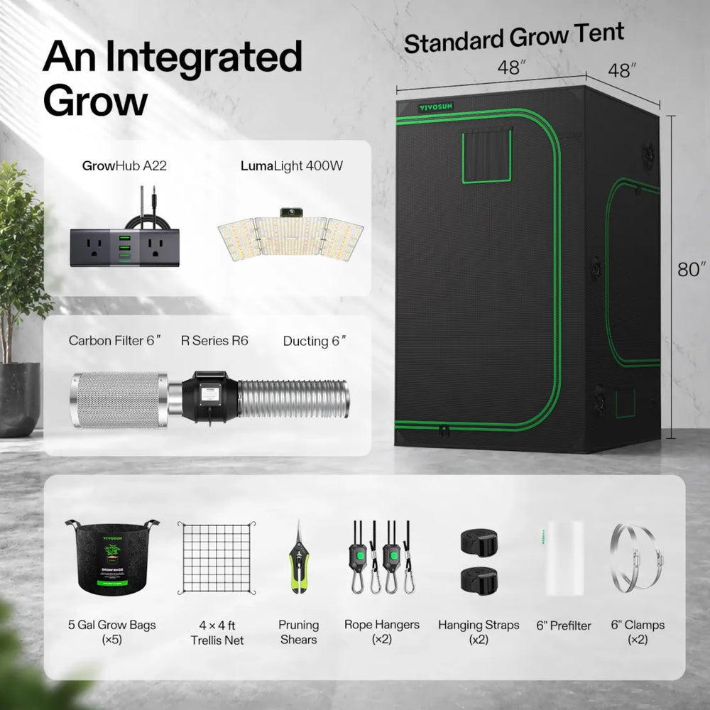 Vivosun 4x4 Starter Grow Tent Kit – 400W LumaLight & GrowHub A22, plus accessories including a carbon filter, trellis net, pruning shears, rope hangers, hanging straps, and clamps, shown on a light gray background with product dimensions labeled.